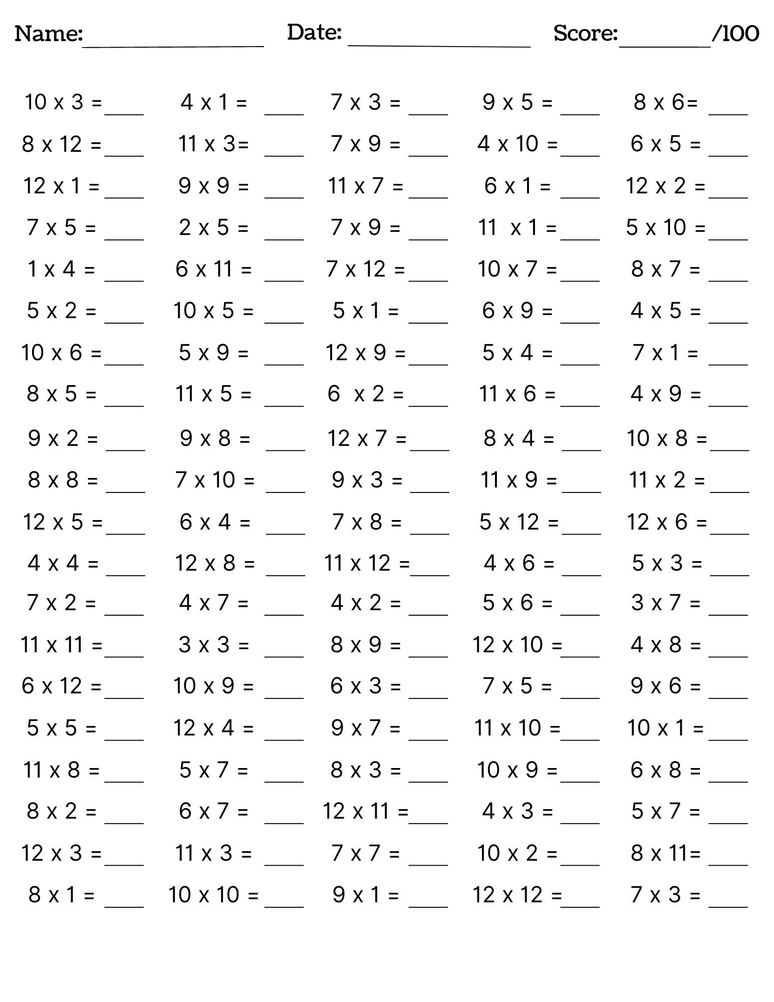 1 Minute Multiplication Worksheets Free Printable