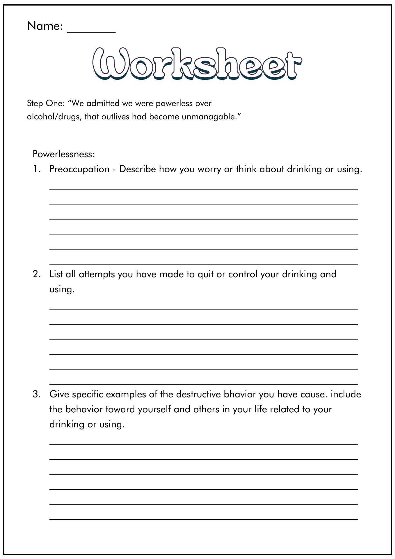 Free Printable Aa 12 Step Worksheets