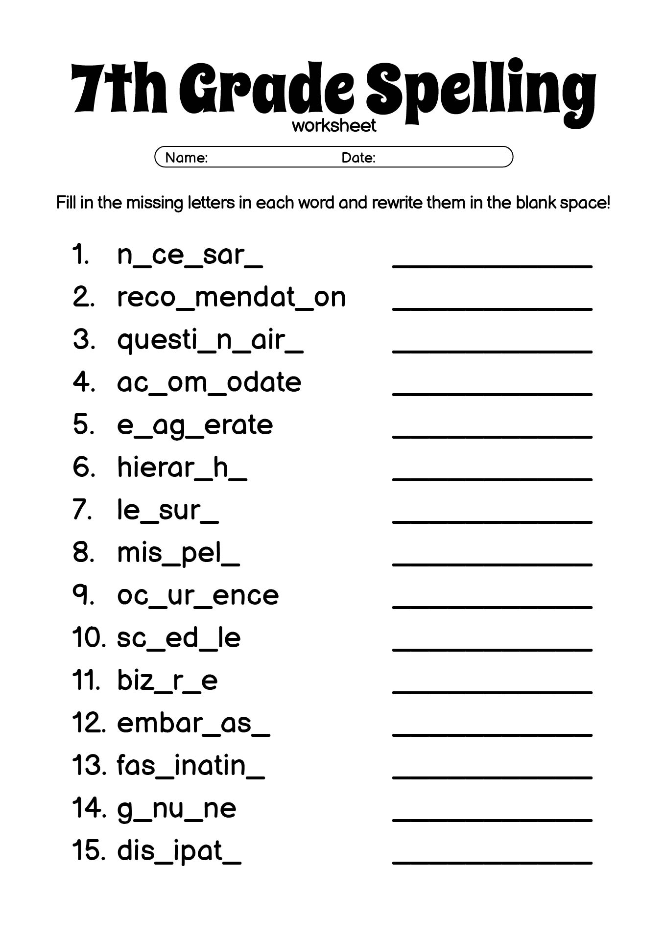 15 7th Grade Spelling Words Worksheets Free PDF At Worksheeto