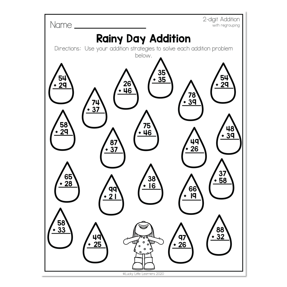2nd Grade Math Worksheets 2 Digit Addition With Regrouping Rainy Day Addition Lucky Little Learners