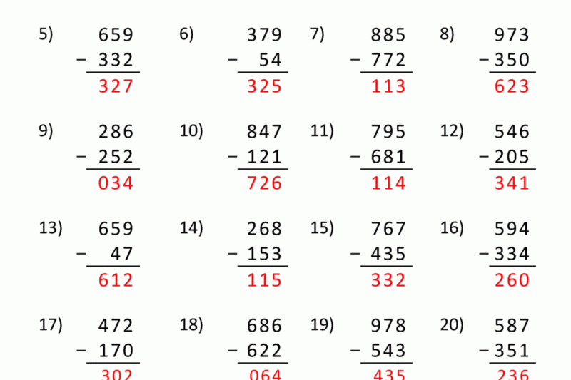 Free Printable 3 Digit Subtraction Worksheets