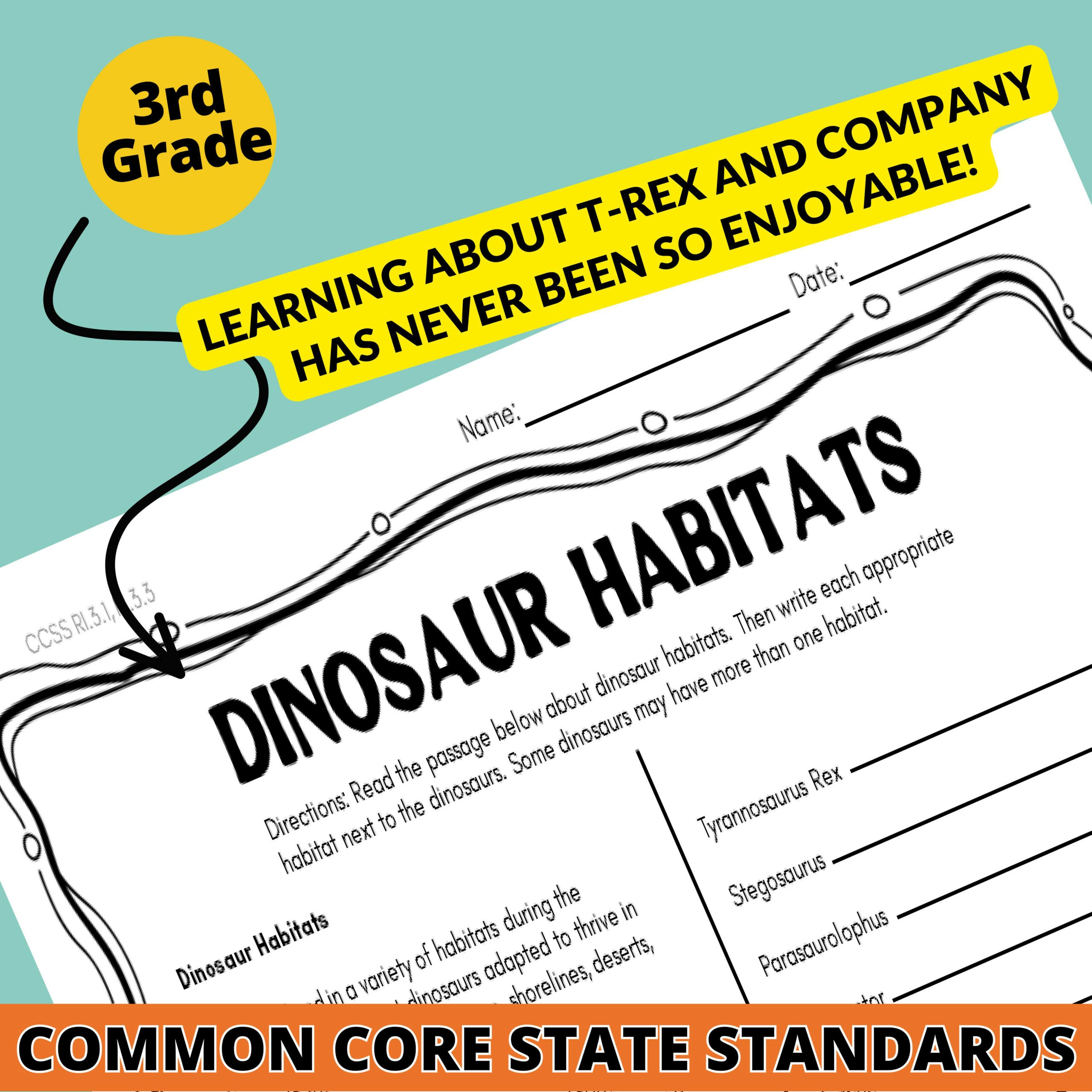 3rd Grade DINOSAUR Theme Worksheets Math Reading Comprehension CCSS Classful