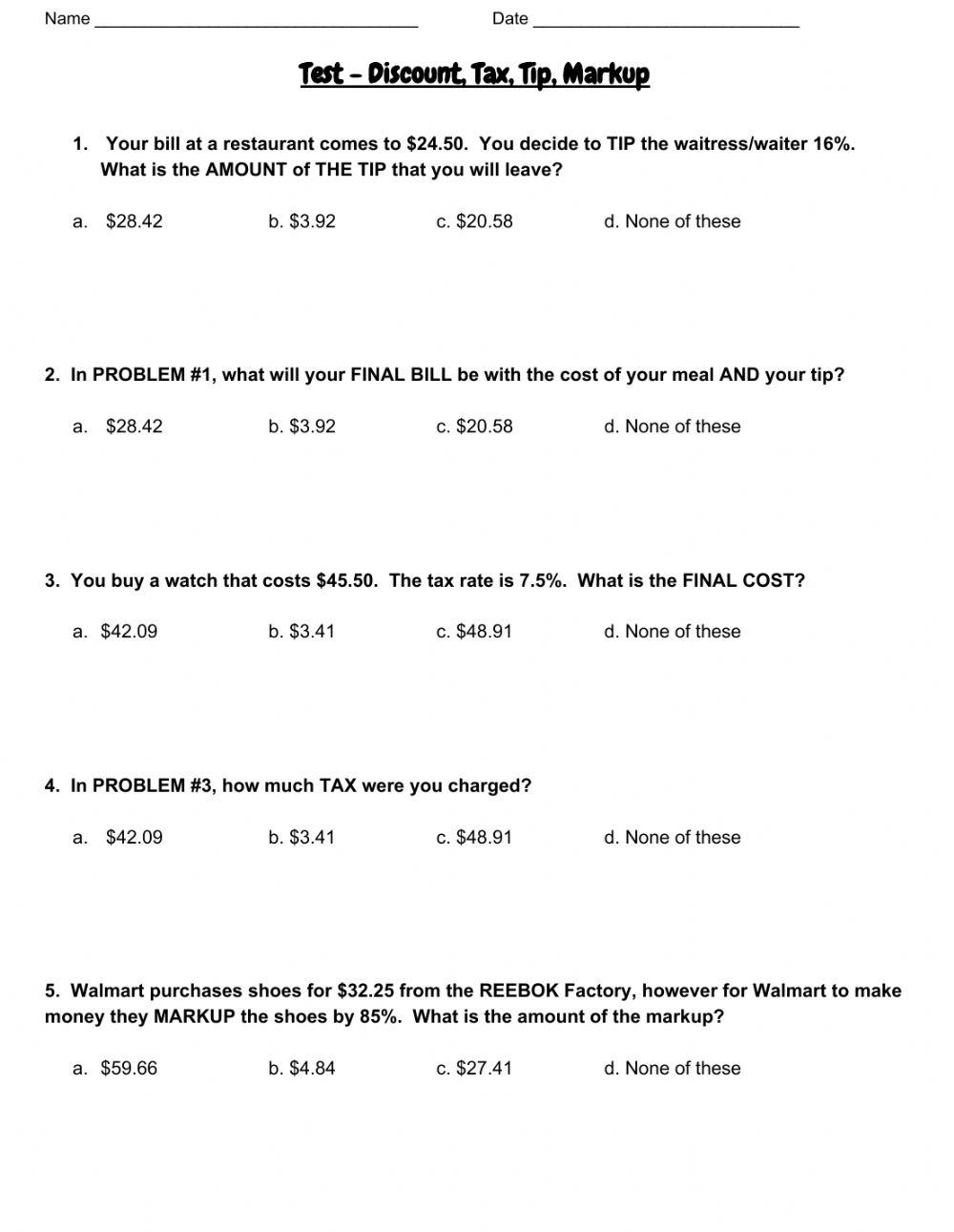 7 rp 3 Quiz Part 1 Tax Tip Markup Discount Online Exercise For Worksheets Library