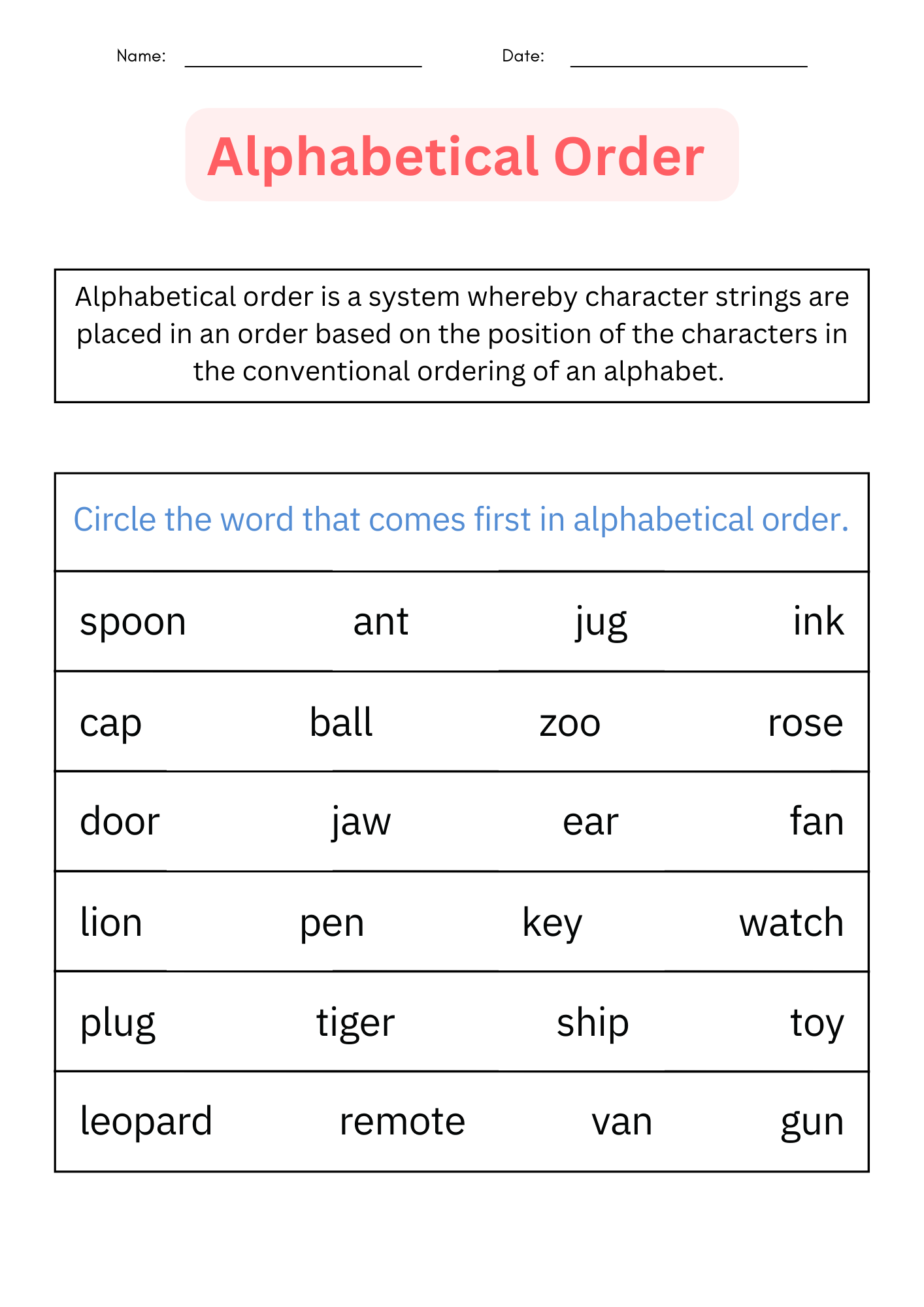 ABC Order Printable Alphabetical Order Worksheets For 1st L 2nd L 3rd Teaching Resources