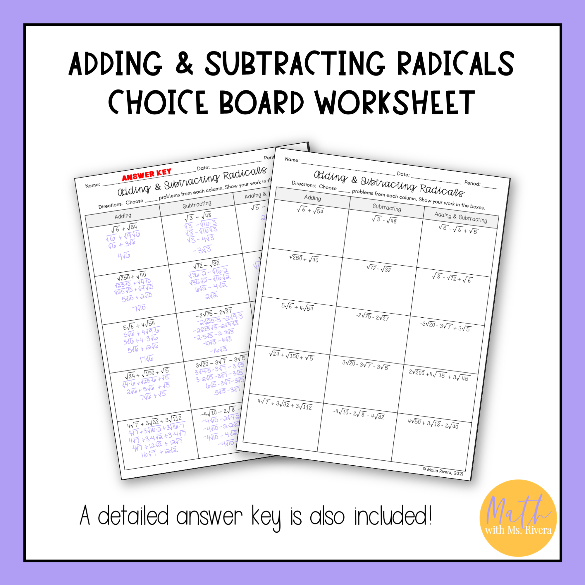Adding And Subtracting Radical Expressions Worksheet Choice Board 