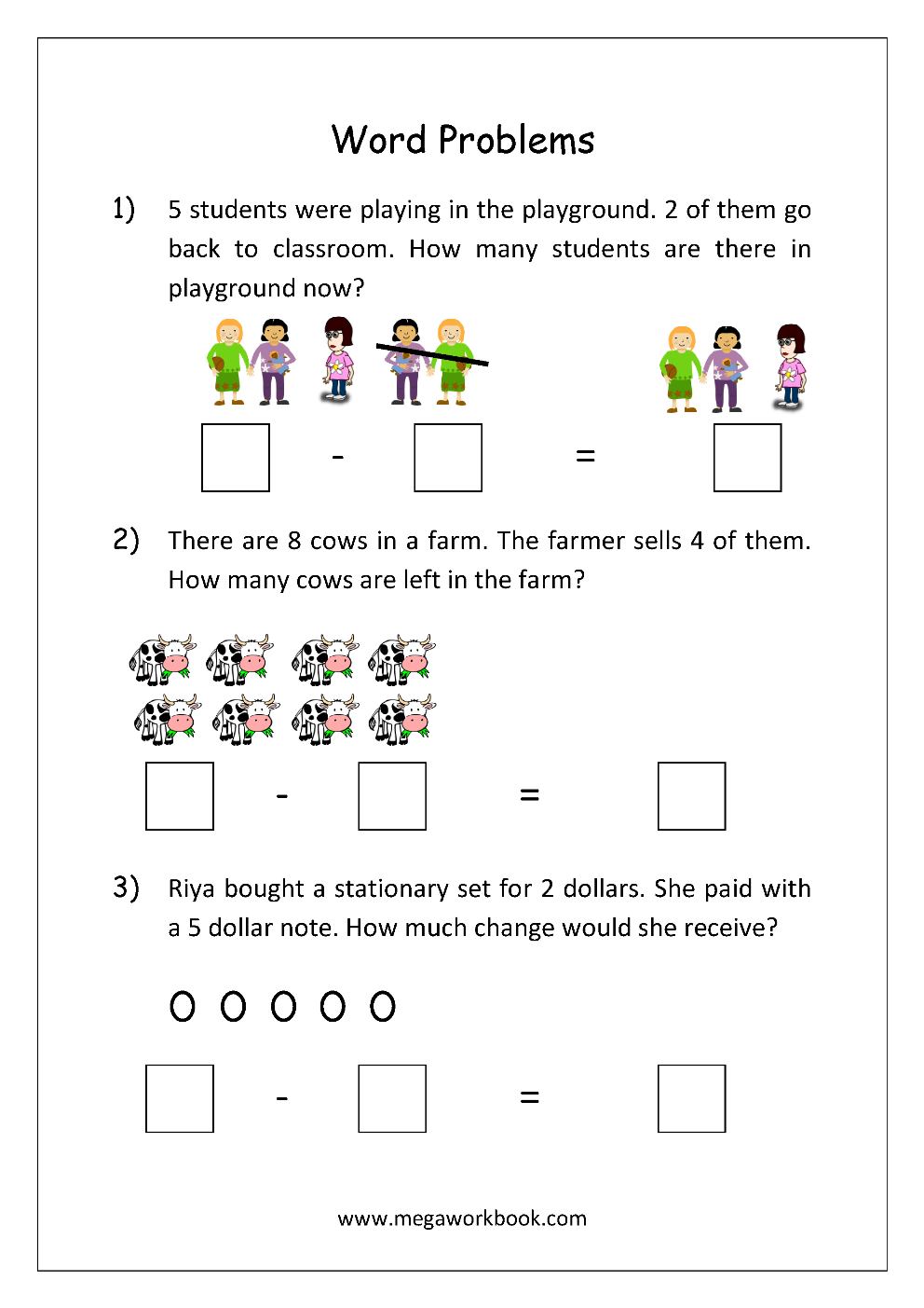Addition And Subtraction Word Problems Worksheets For Kindergarten And Grade 1 Story Sums Story Problems MegaWorkbook Addition And Subtraction Word Problems Worksheets For Kindergarten And Grade 1 Story Sums Story Problems MegaWorkbook