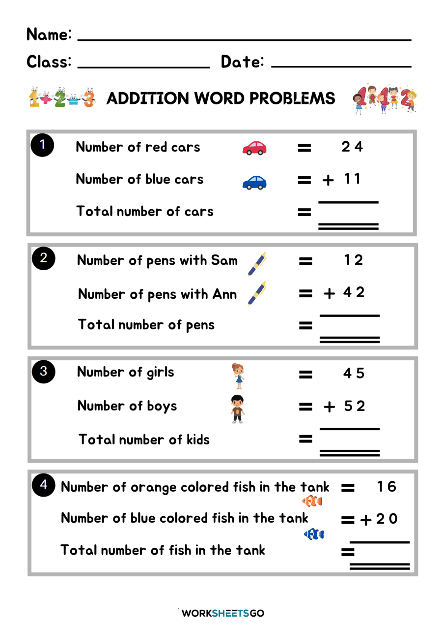 Addition Word Problems Worksheets WorksheetsGO