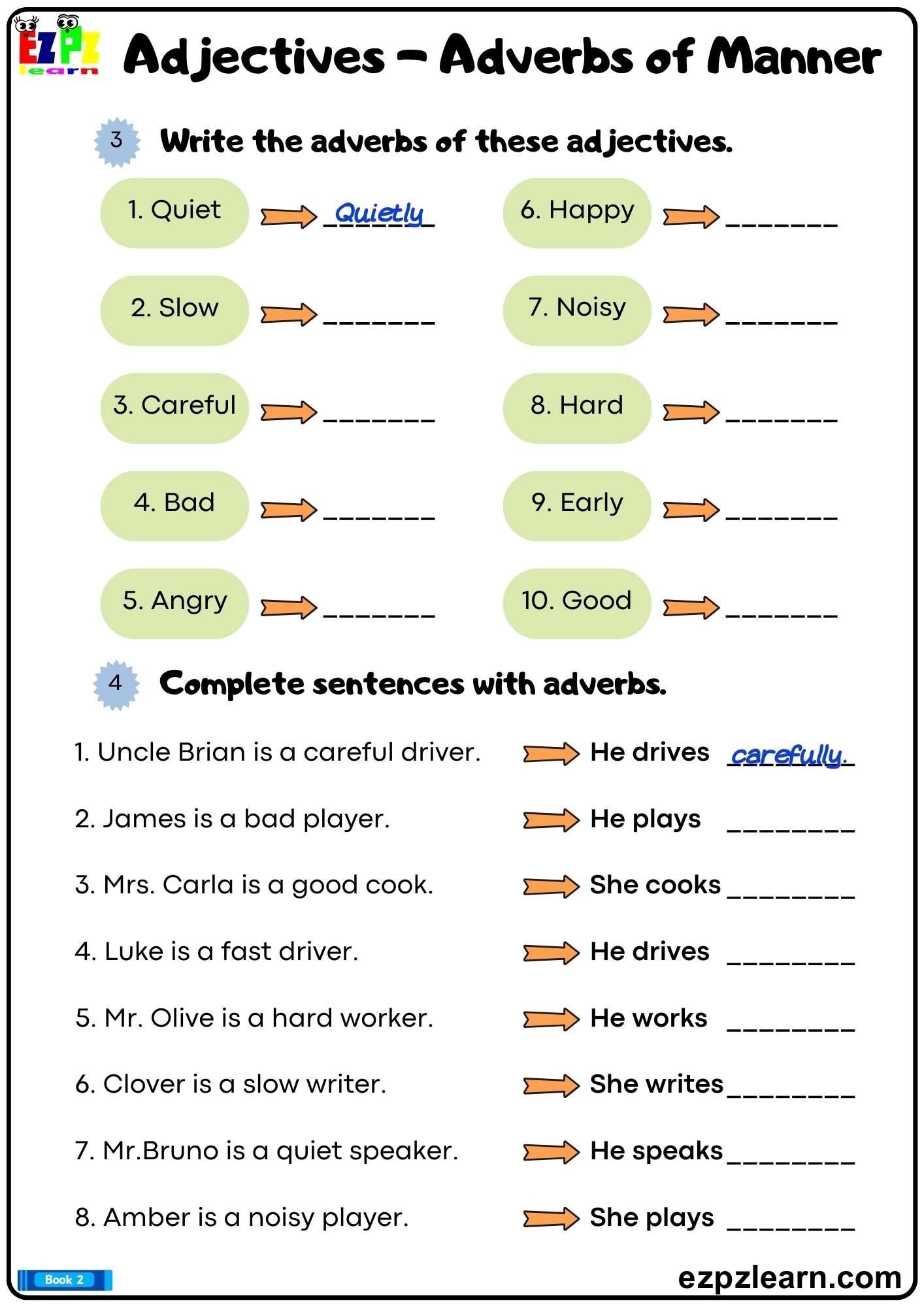 Adjectives And Adverbs Of Manner Write The Correct Adverb For Each Adjective Printable Grammar Worksheet Bk2 PDF Ezpzlearn