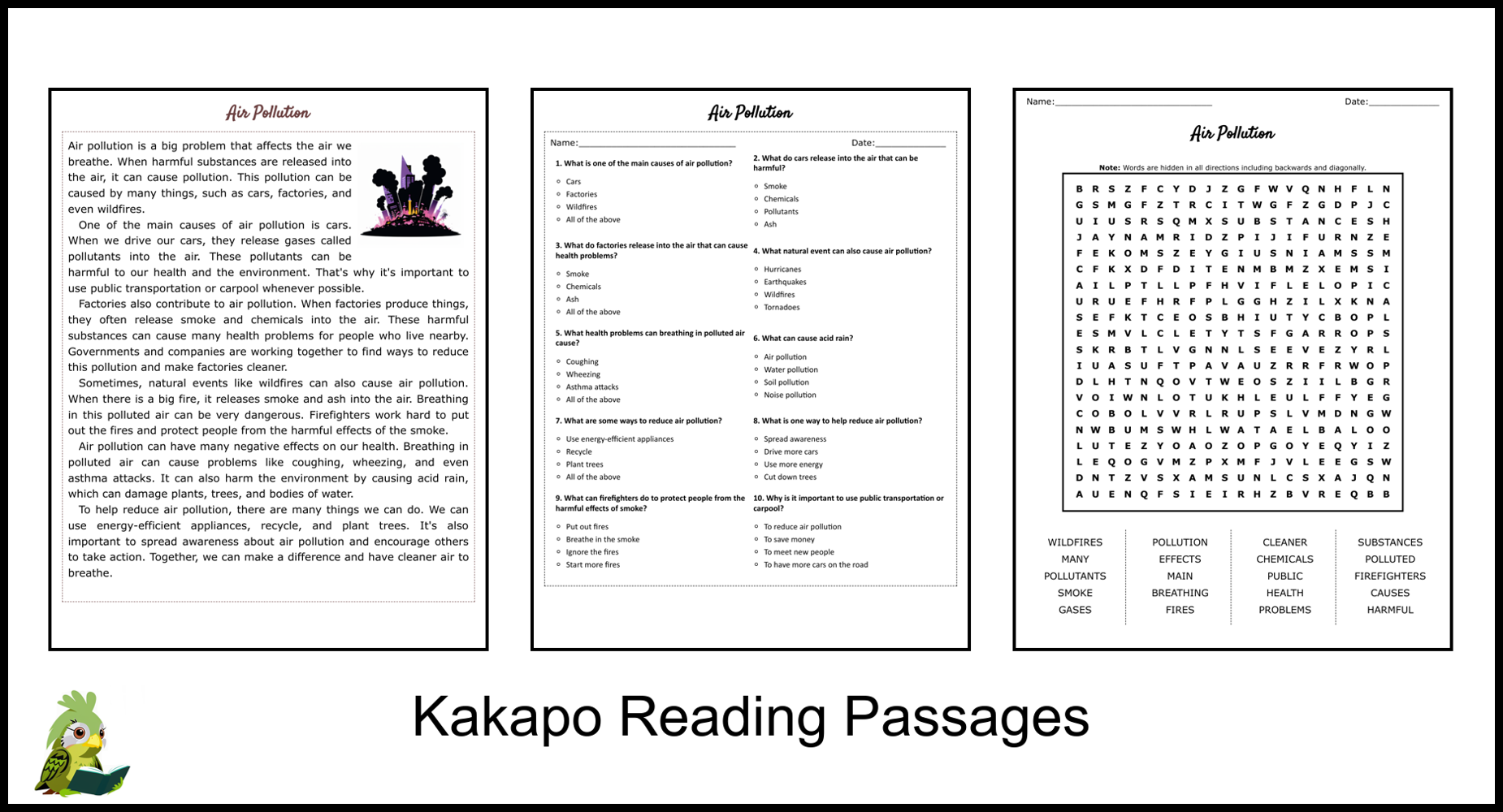 Air Pollution Reading Comprehension And Word Search Teaching 