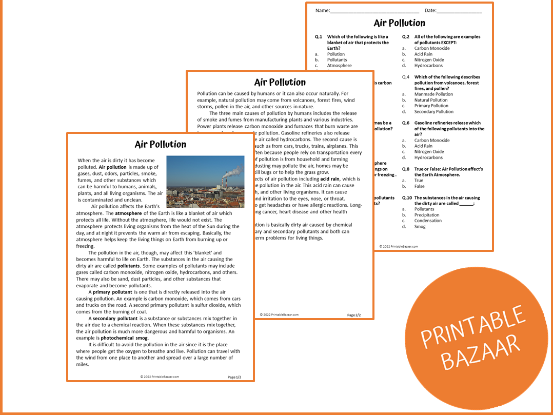 Air Pollution Reading Comprehension Worksheet