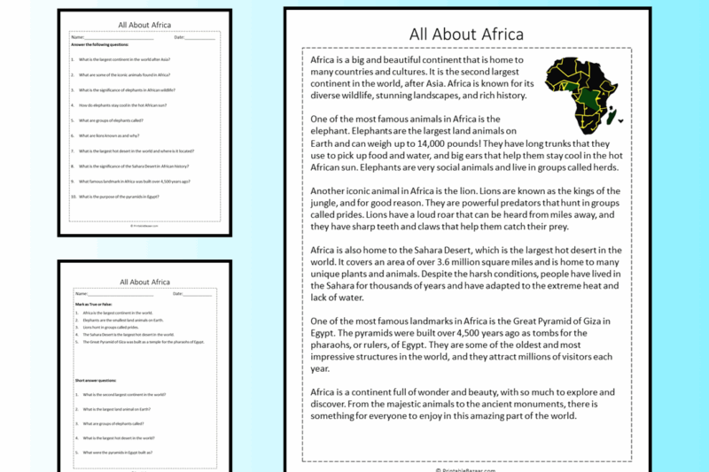 Africa Reading Comprehension Worksheets