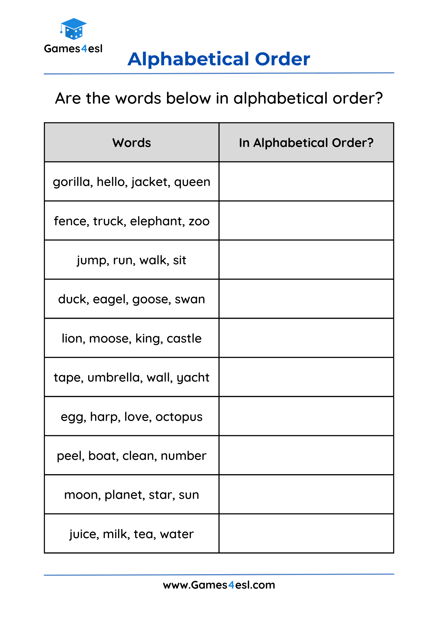 Alphabetical Order Worksheets For Grade 1 Games4esl