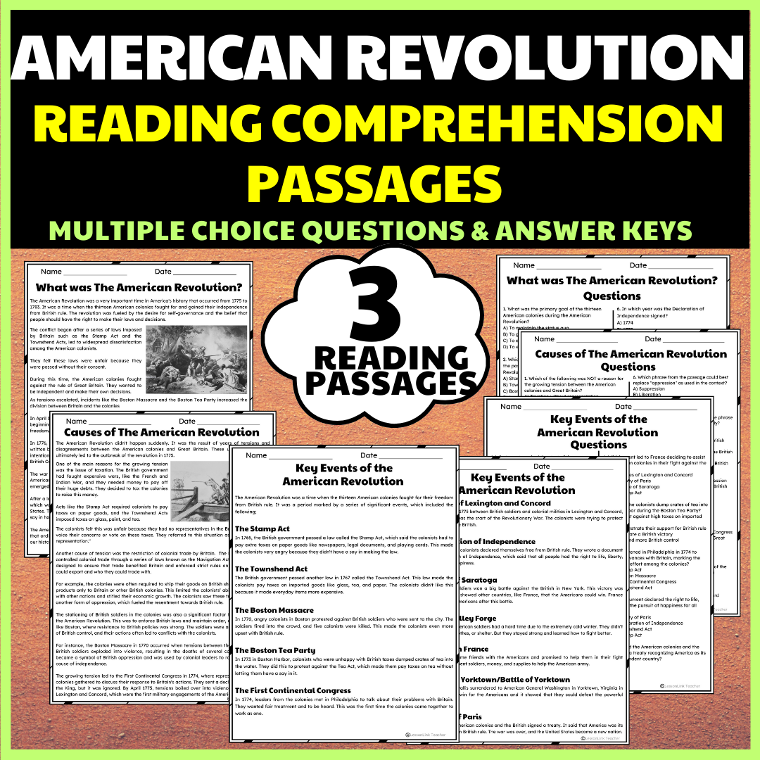 American Revolution Reading Comprehension Passages With Multiple 