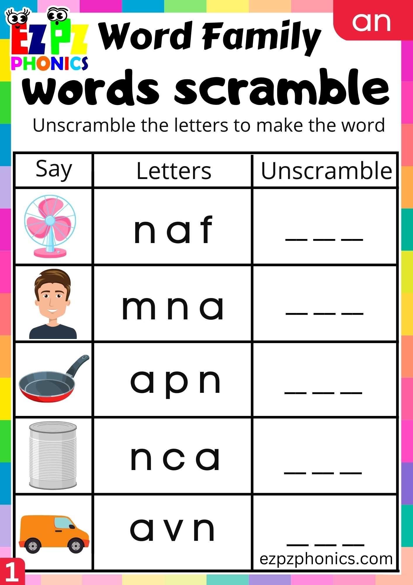 AN Words Words Scramble Phonics Word Families Worksheet Ezpzphonics