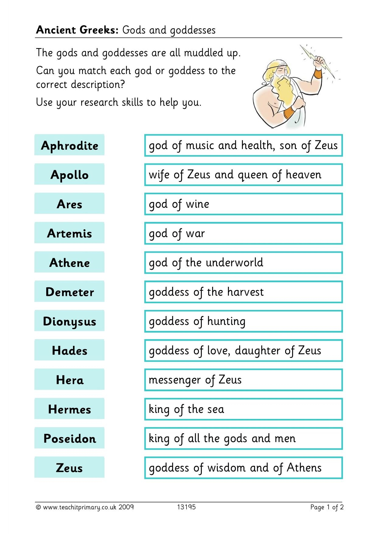 Ancient Greek Gods And Goddesses Quiz KS2 History Teachit Worksheets Library