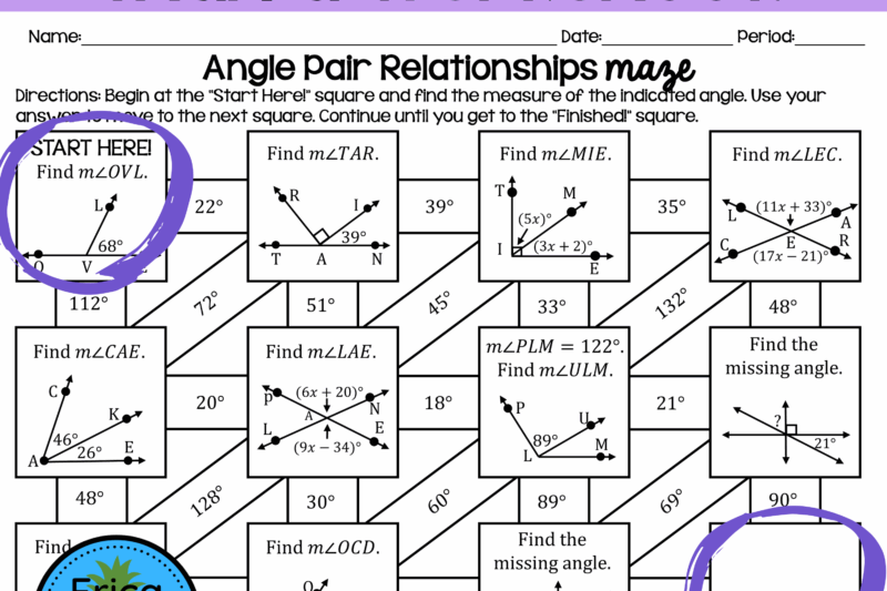 Angle Relationships Maze Solving Equations Worksheet Answer Key