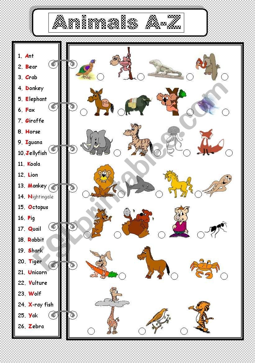 Animals A Z ESL Worksheet By Jwld