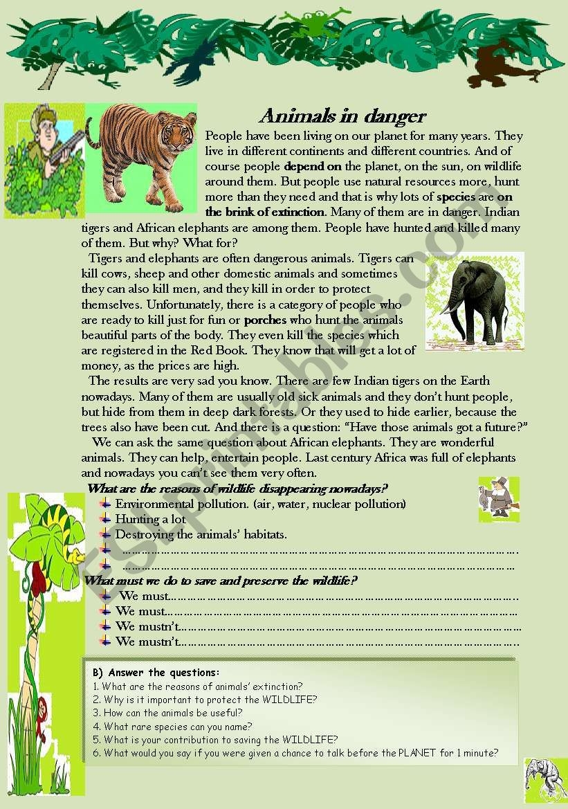 Animals In Danger Reading comprehension Worksheet ESL Animals In Danger Reading comprehension Worksheet ESL