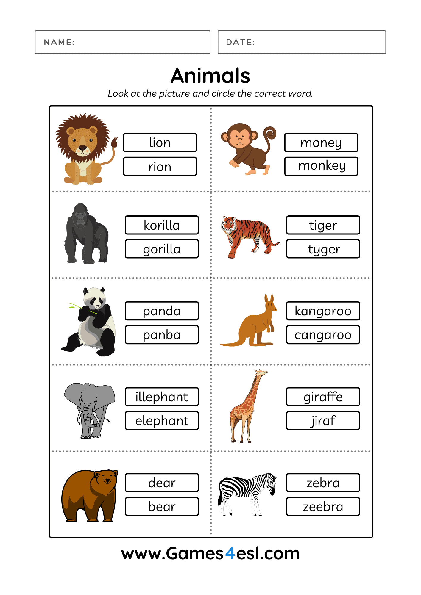 Animals Vocabulary Game ESL Guessing Game For Kids