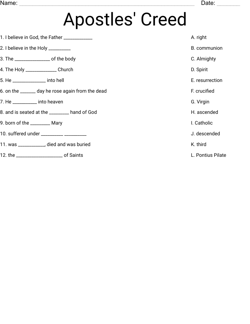 Apostles Creed Worksheet WordMint