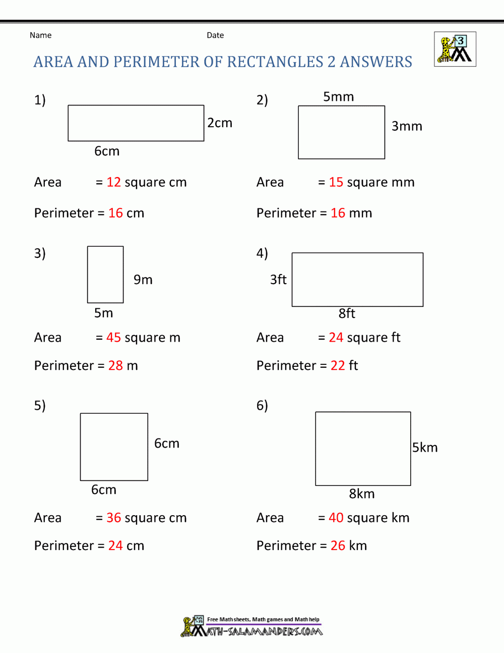 Area And Perimeter Of Rectangle