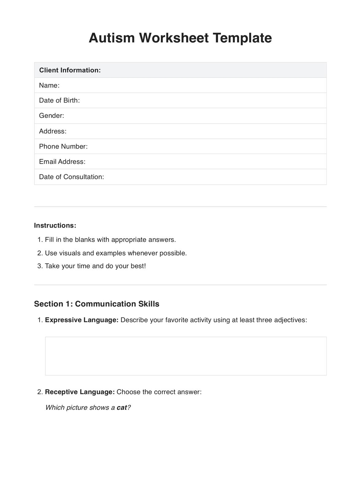 Autism Worksheet U0026 Example Free PDF Download