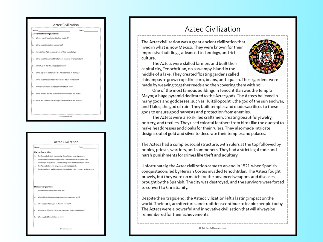 Aztec Civilization Reading Comprehension Passage Printable Worksheet Teaching Resources