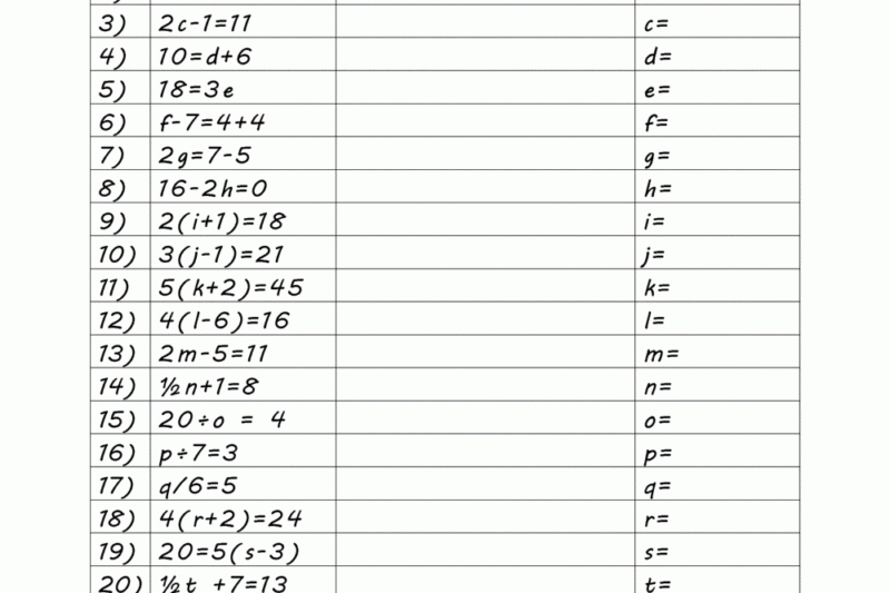 Free Printable Algebraic Equations Worksheets