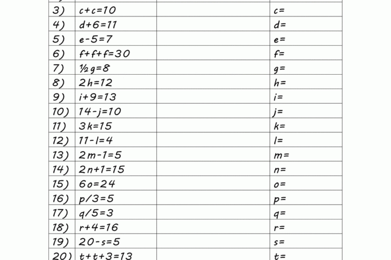 Free Printable Elementary Algebra Worksheets