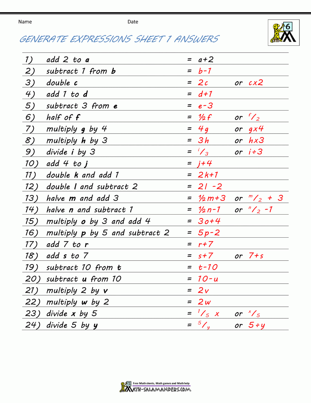 Basic Algebra Worksheets