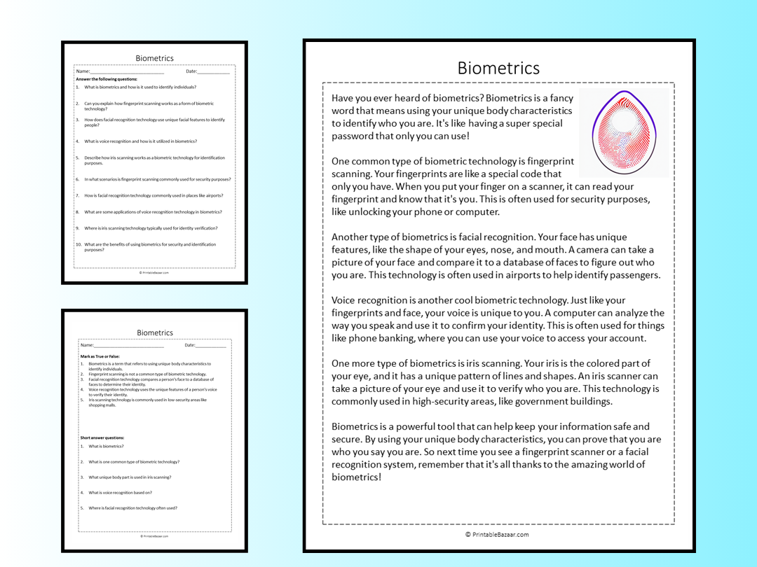 Biometrics Reading Comprehension Passage Printable Worksheet 