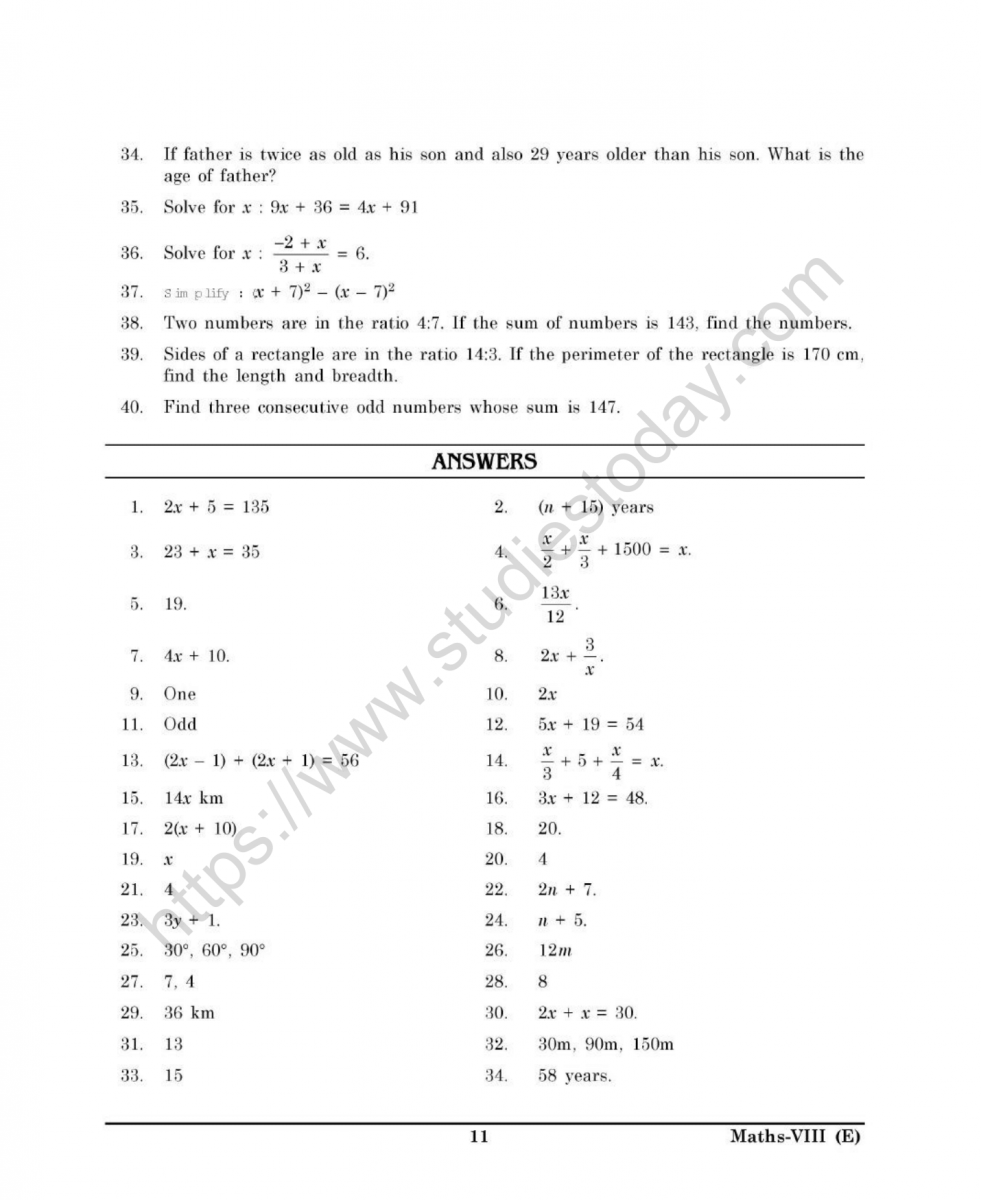 CBSE Class 8 Mental Linear Equations In One Variable Worksheet Worksheets Library