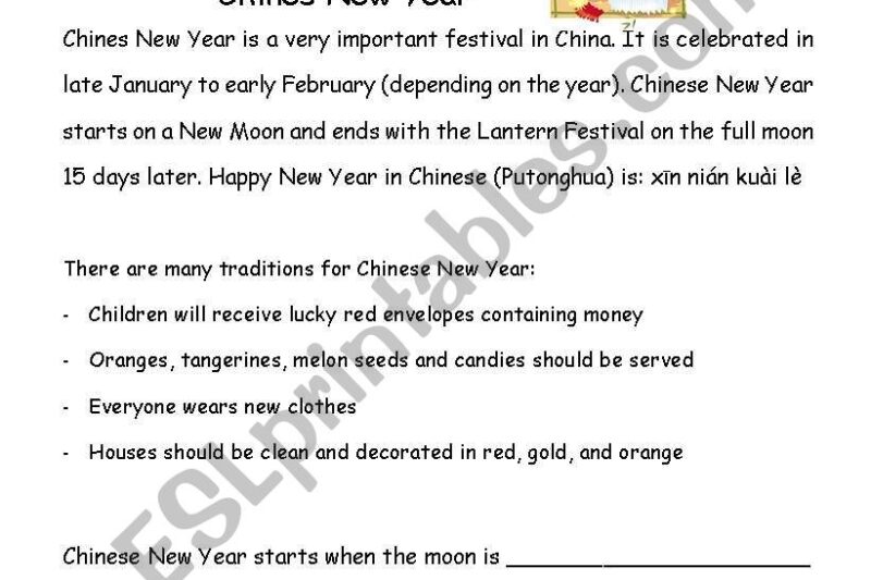 Chinese New Year Reading Comprehension Worksheet