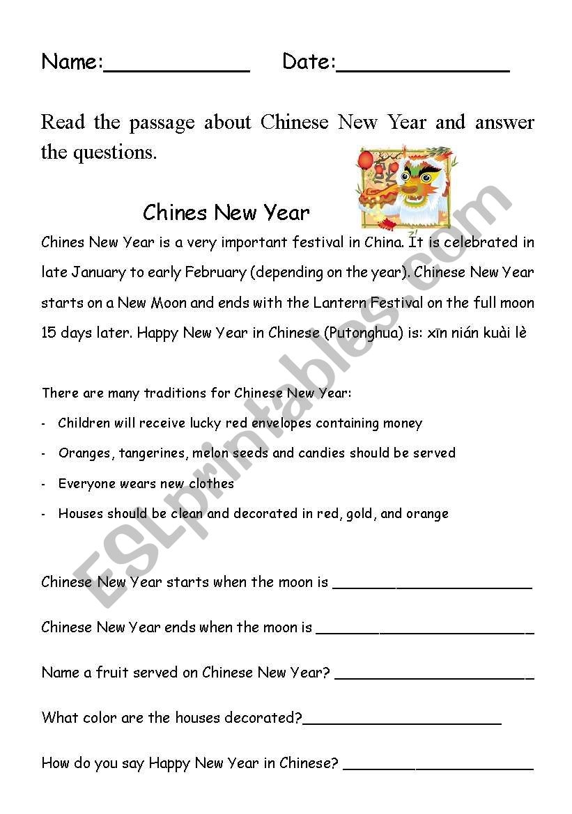 Chinese New Year Comprehension ESL Worksheet By Bleue77
