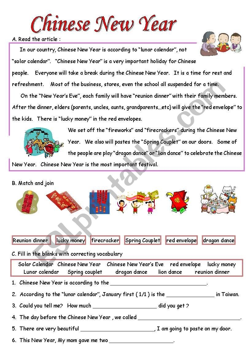 Chinese New Year ESL Worksheet By Melissa Hunag