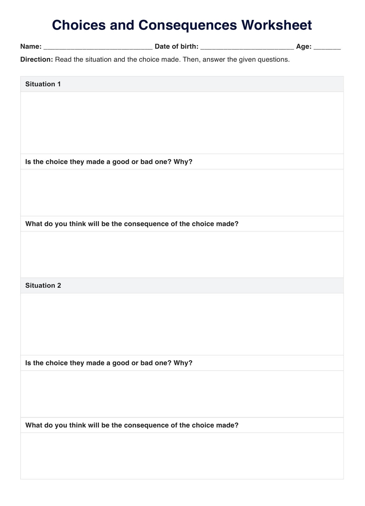 Choices And Consequences Worksheets U0026 Example Free PDF Download