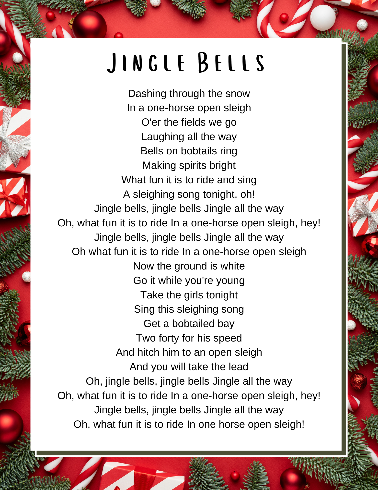 Jingle Bells Lyrics Printable For Preschoolers