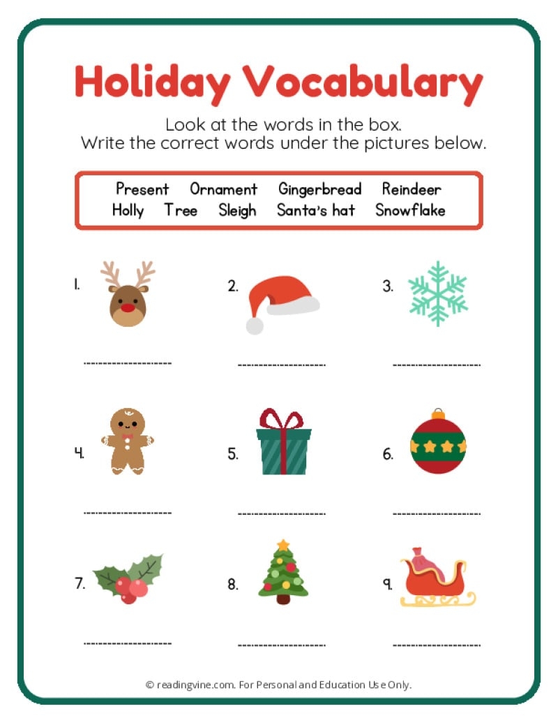 Free Printable Christmas Vocabulary Worksheets