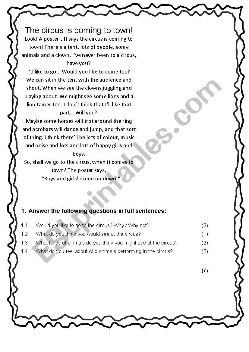 Circus Is Coming To Town ESL Worksheet By Elzanne
