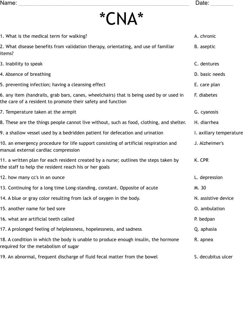 CNA Worksheet WordMint
