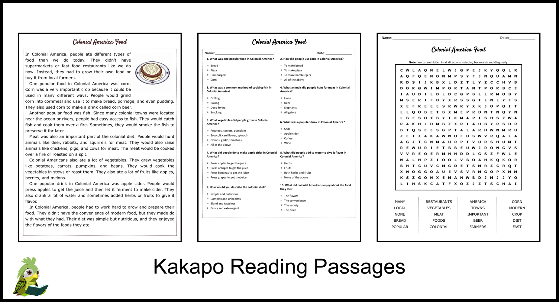 Colonial America Food Reading Comprehension And Word Search 
