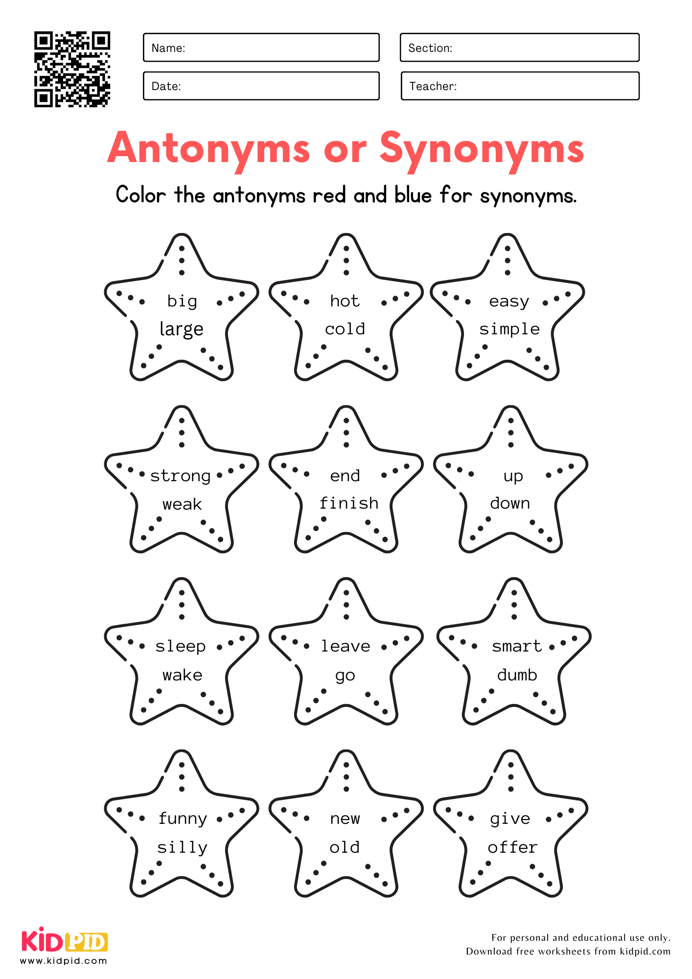 Color The Antonyms U0026 Synonyms Worksheet For Kindergarten Kidpid Color The Antonyms U0026 Synonyms Worksheet For Kindergarten Kidpid