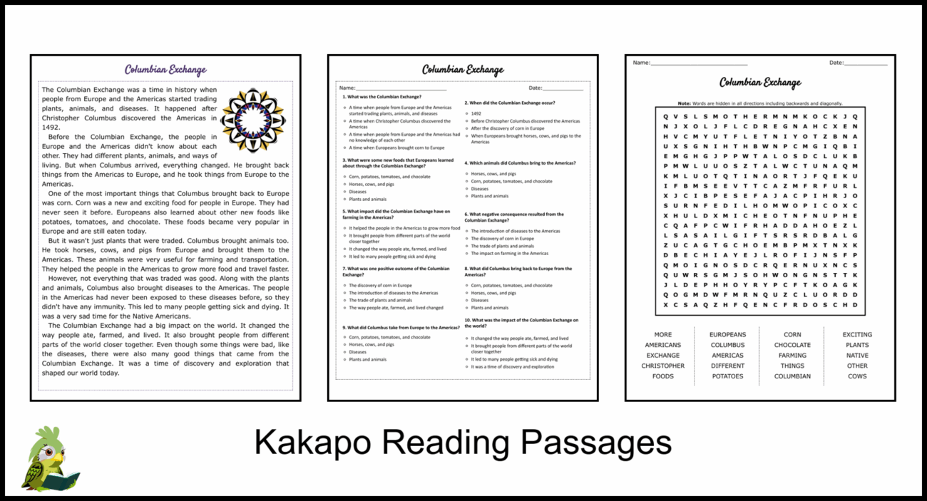 Columbian Exchange Reading Comprehension And Word Search Teaching Resources