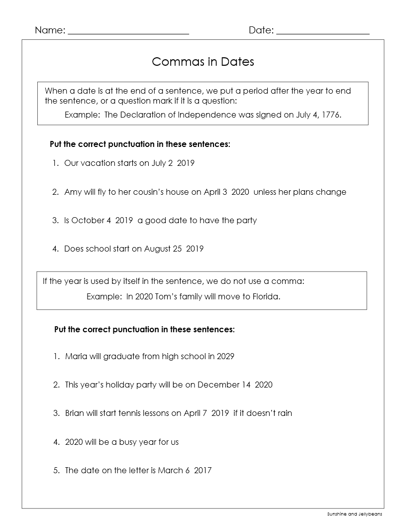 Commas In Dates Places Lists Letters Grades 2 3 4 7 Worksheets Made By Teachers