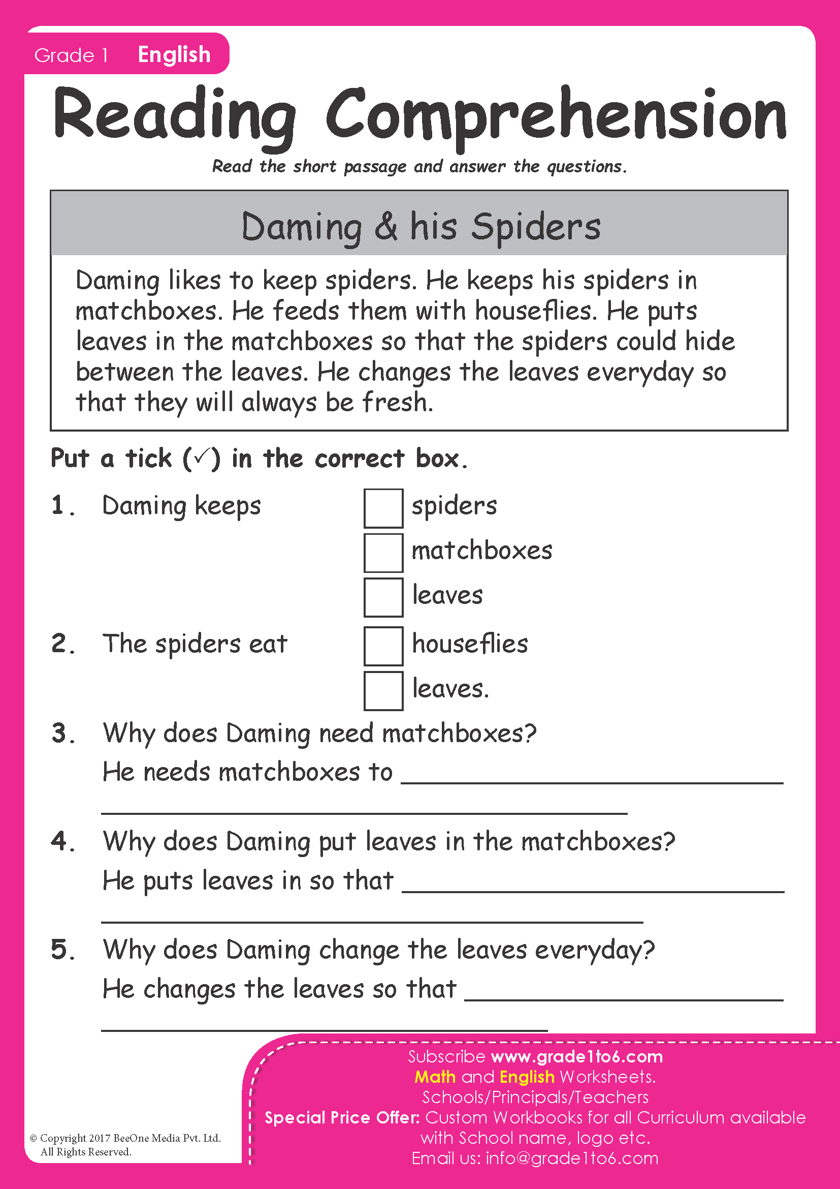 Reading Comprehension For Grade 1 Worksheets