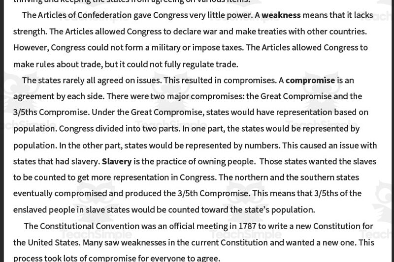 Constitutional Convention Reading Comprehension Worksheets