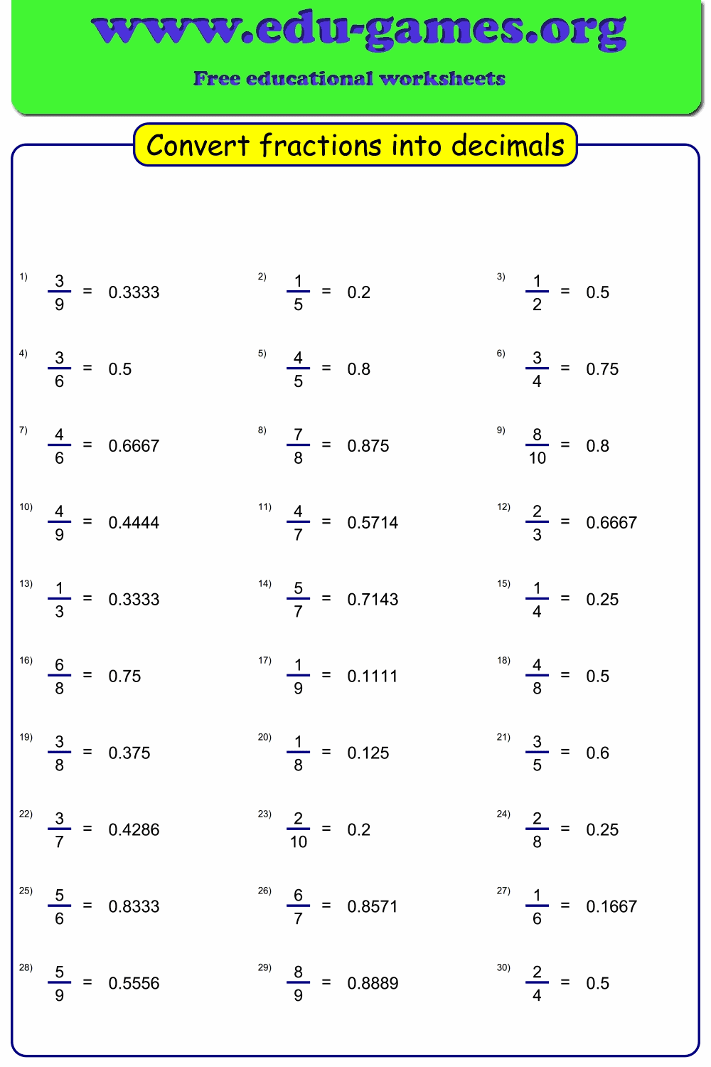 Convert Fraction To Decimal Worksheet Maker Free Printable Worksheets Library Convert Fraction To Decimal Worksheet Maker Free Printable Worksheets Library