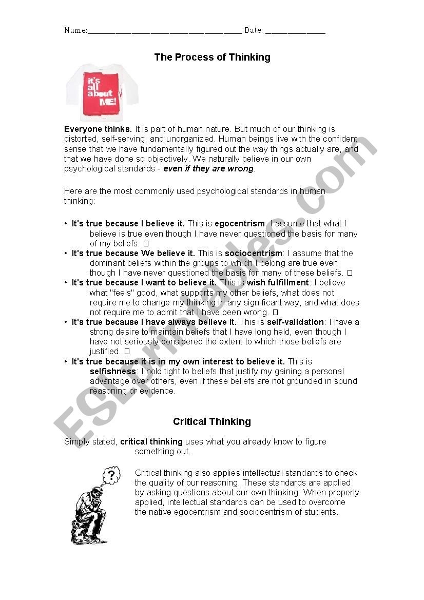 Critical Thinking reading Comprehension Exercise ESL Worksheet By Nina Duarte
