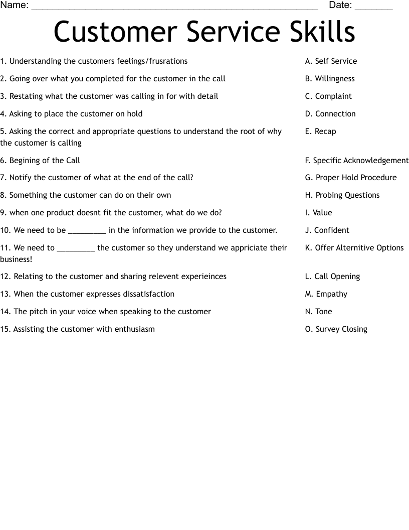 Customer Service Skills Worksheet WordMint