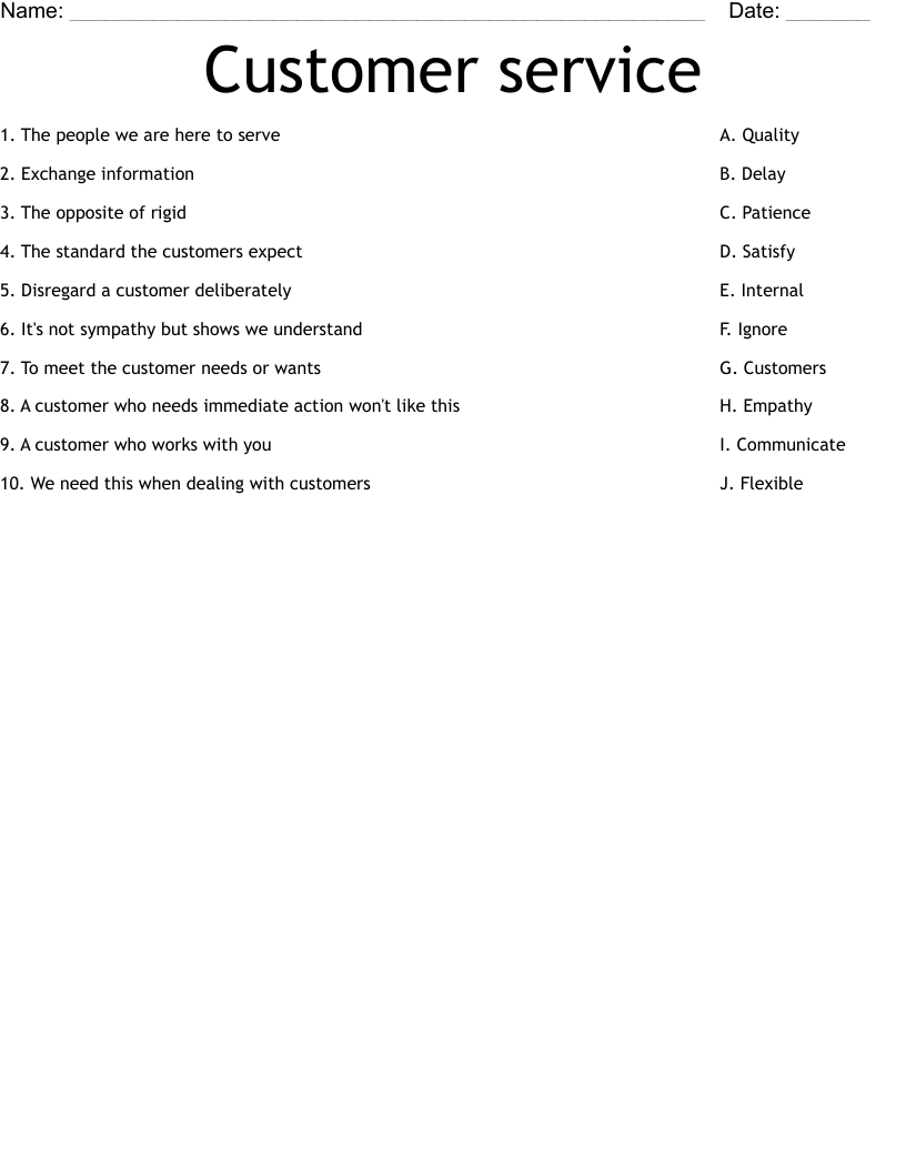 Customer Service Worksheet WordMint
